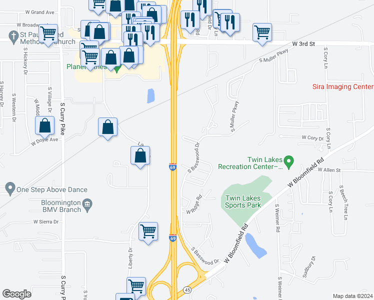 map of restaurants, bars, coffee shops, grocery stores, and more near 900 South Basswood Circle in Bloomington