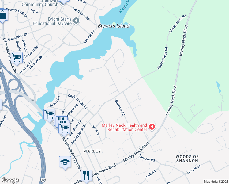 map of restaurants, bars, coffee shops, grocery stores, and more near 112 Sanderling Court in Glen Burnie