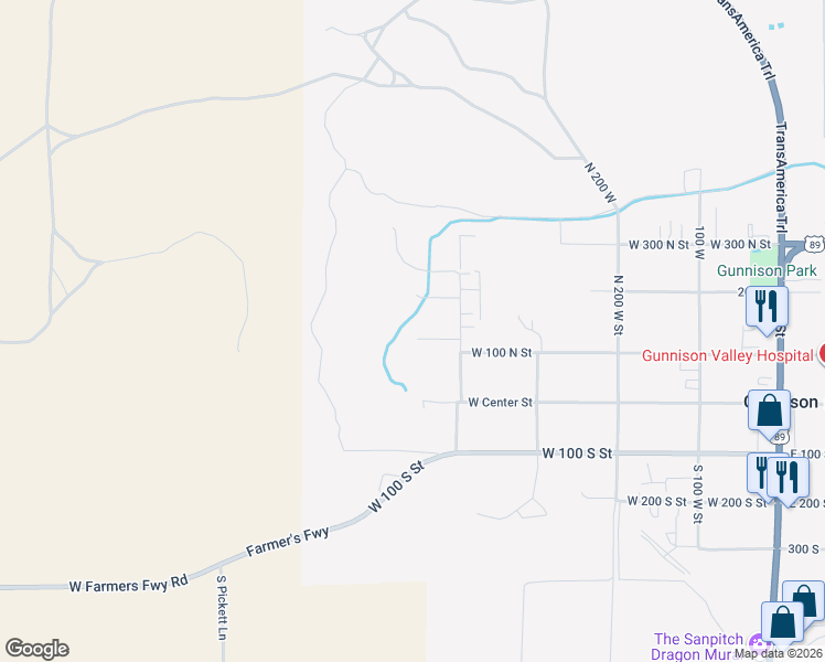 map of restaurants, bars, coffee shops, grocery stores, and more near 190 West 400 South in Gunnison