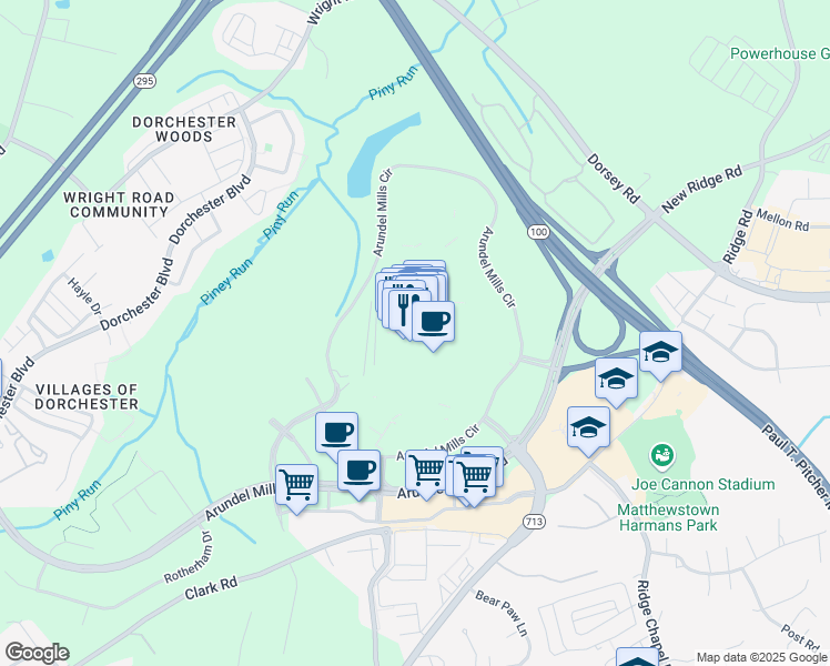 map of restaurants, bars, coffee shops, grocery stores, and more near 7000 Arundel Mills Circle in Hanover
