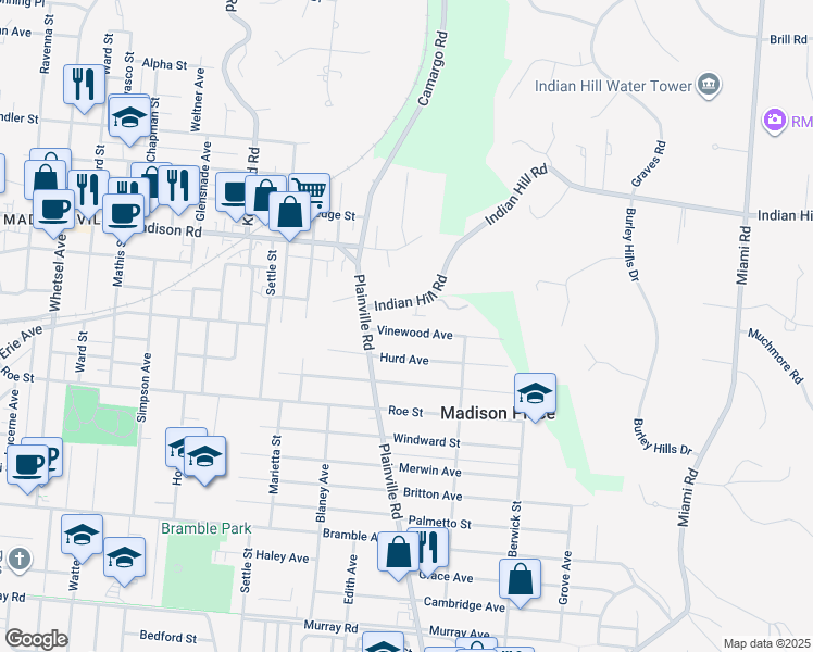 map of restaurants, bars, coffee shops, grocery stores, and more near 6818 Vinewood Avenue in Cincinnati