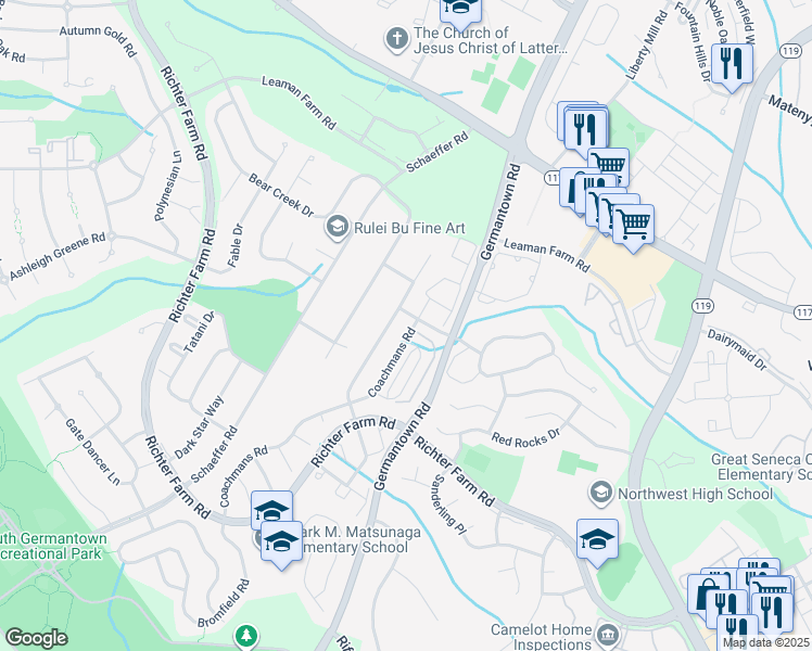 map of restaurants, bars, coffee shops, grocery stores, and more near 18136 Coachmans Road in Germantown