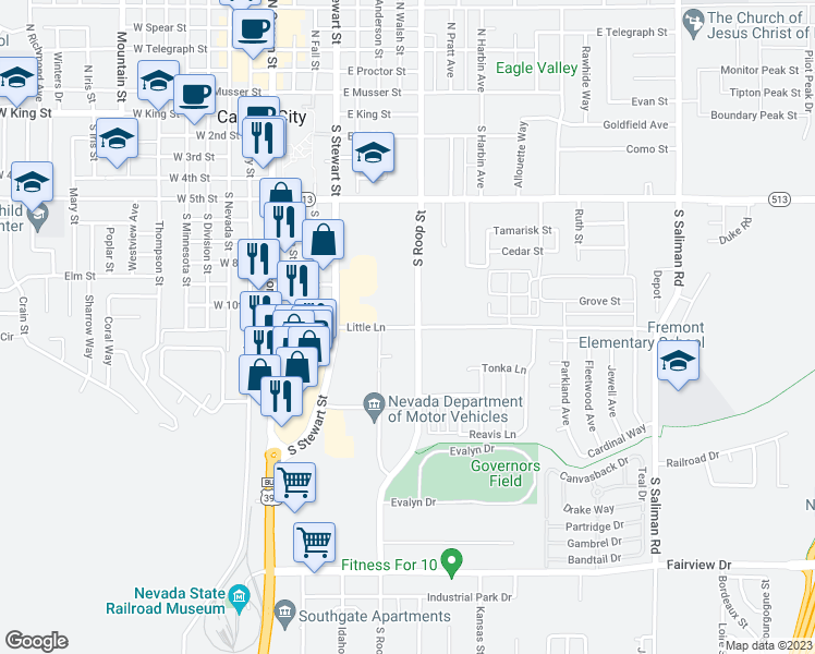 map of restaurants, bars, coffee shops, grocery stores, and more near 1368 Little Lane in Carson City