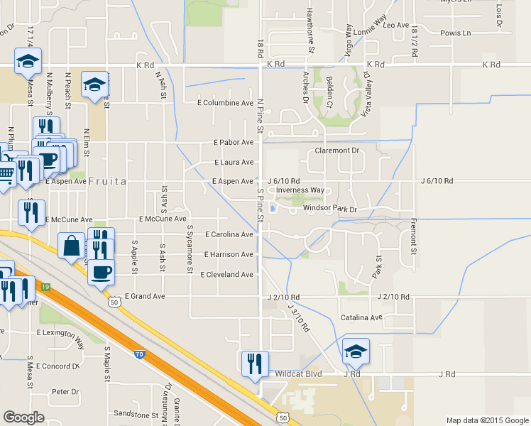 map of restaurants, bars, coffee shops, grocery stores, and more near 1122 Windsor Park Drive in Fruita