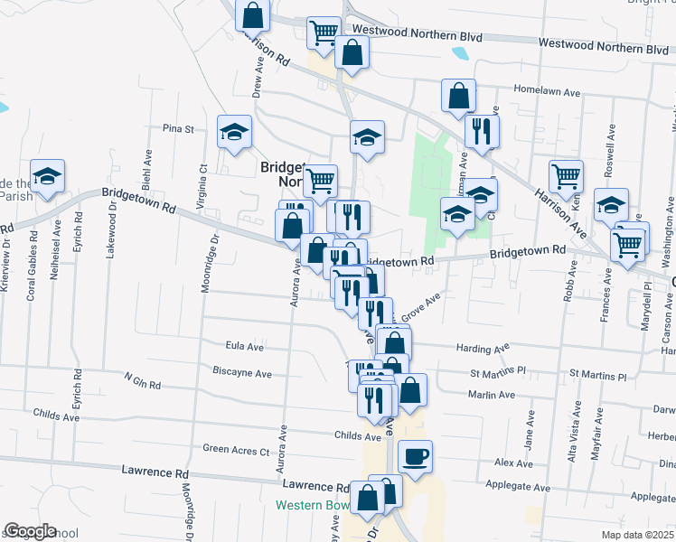 map of restaurants, bars, coffee shops, grocery stores, and more near 5501 Bridgetown Road in Cincinnati