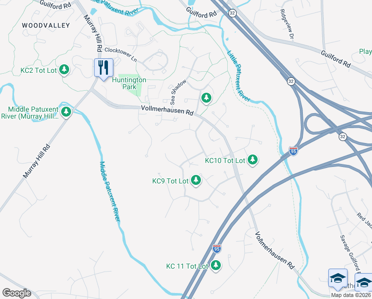 map of restaurants, bars, coffee shops, grocery stores, and more near 9512 Windbeat Way in Columbia