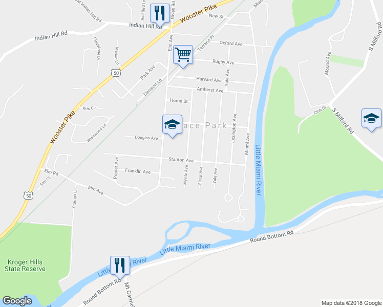 map of restaurants, bars, coffee shops, grocery stores, and more near 725 Myrtle Avenue in Terrace Park