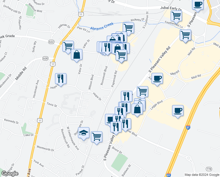 map of restaurants, bars, coffee shops, grocery stores, and more near 2342 Roosevelt Boulevard in Winchester