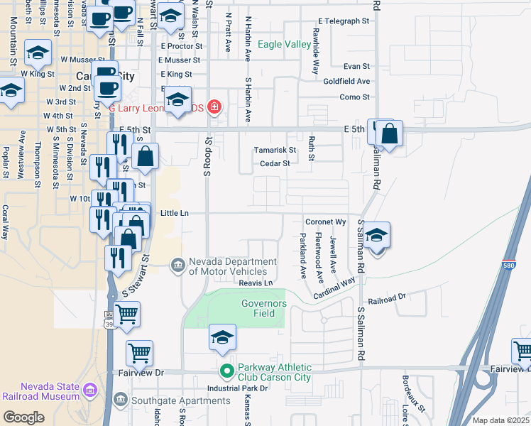 map of restaurants, bars, coffee shops, grocery stores, and more near 1039 Little Lane in Carson City