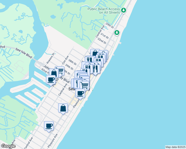 map of restaurants, bars, coffee shops, grocery stores, and more near 3801 Landis Avenue in Sea Isle City
