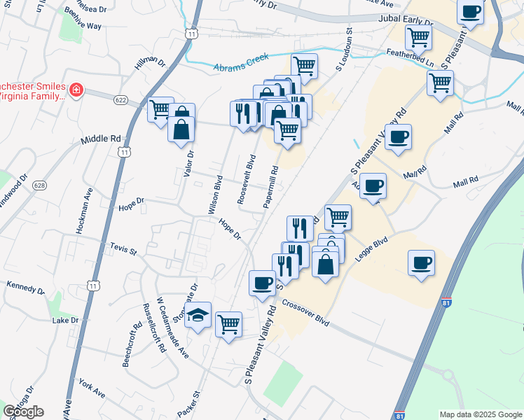 map of restaurants, bars, coffee shops, grocery stores, and more near 2342 Roosevelt Boulevard in Winchester
