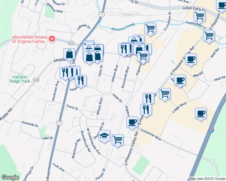 map of restaurants, bars, coffee shops, grocery stores, and more near 2335 Wilson Boulevard in Winchester