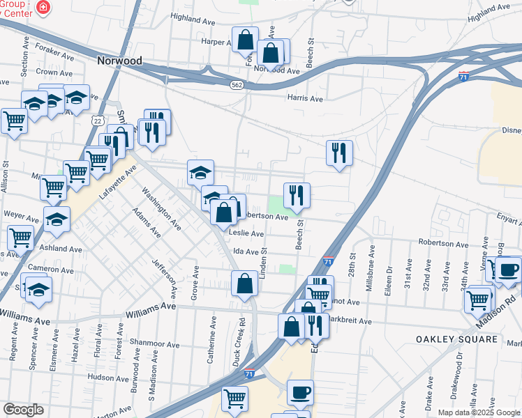 map of restaurants, bars, coffee shops, grocery stores, and more near 2442 Robertson Avenue in Cincinnati