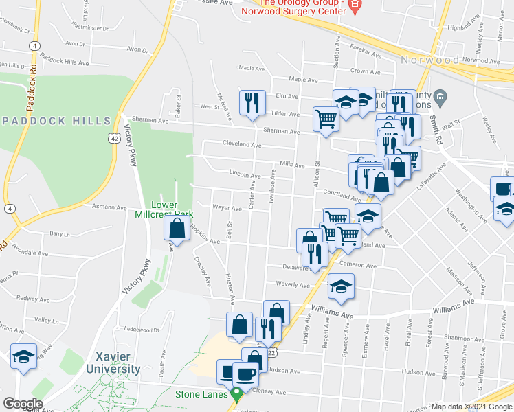 map of restaurants, bars, coffee shops, grocery stores, and more near 1832 Weyer Avenue in Cincinnati