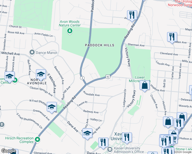 map of restaurants, bars, coffee shops, grocery stores, and more near 4043 Reading Road in Cincinnati