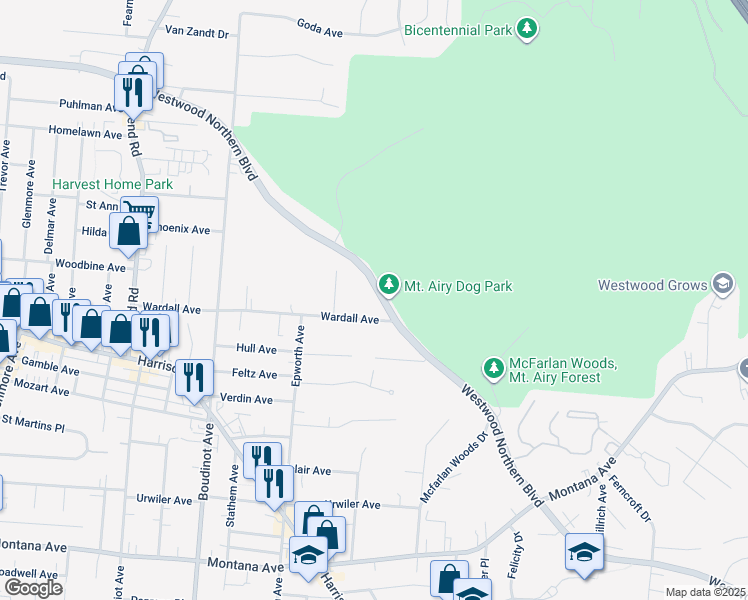 map of restaurants, bars, coffee shops, grocery stores, and more near 2900 Wardall Avenue in Cincinnati
