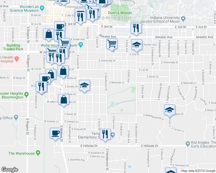 map of restaurants, bars, coffee shops, grocery stores, and more near 844 South Henderson Street in Bloomington