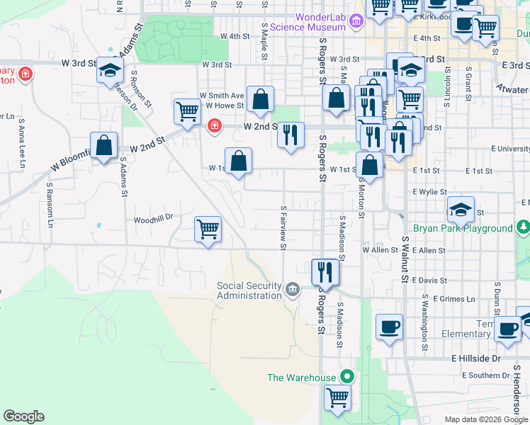 map of restaurants, bars, coffee shops, grocery stores, and more near 801 West Dodds Street in Bloomington