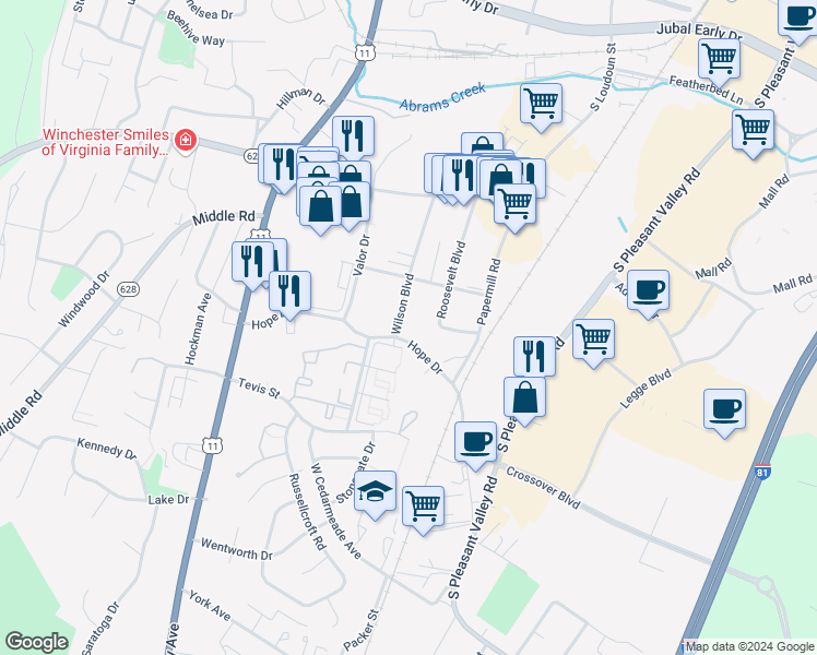 map of restaurants, bars, coffee shops, grocery stores, and more near 2332 Wilson Boulevard in Winchester