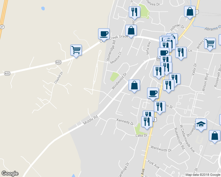 map of restaurants, bars, coffee shops, grocery stores, and more near 2645 Windwood Drive in Winchester