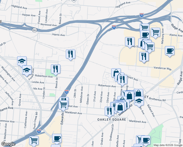 map of restaurants, bars, coffee shops, grocery stores, and more near 2950 Robertson Avenue in Cincinnati