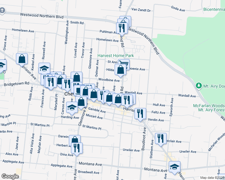 map of restaurants, bars, coffee shops, grocery stores, and more near 3845 Olivette Avenue in Cheviot