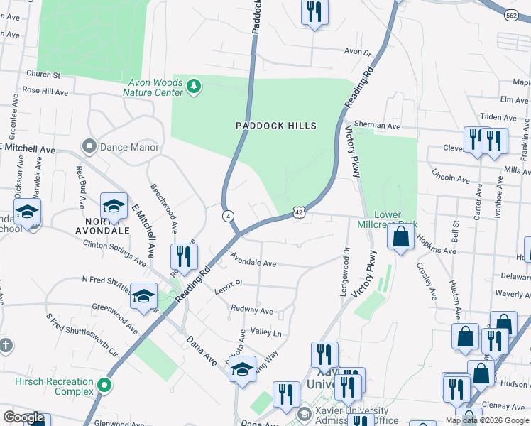 map of restaurants, bars, coffee shops, grocery stores, and more near 4043 Reading Road in Cincinnati