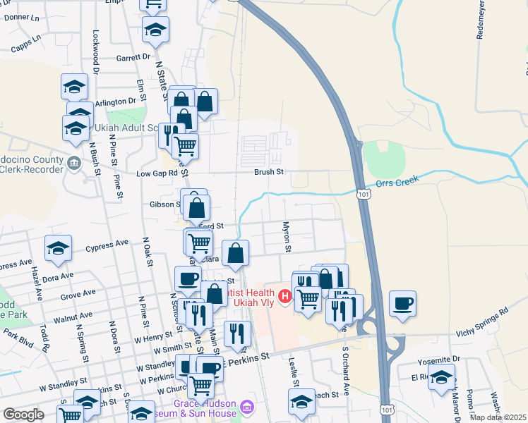 map of restaurants, bars, coffee shops, grocery stores, and more near 216 Ford Street in Ukiah