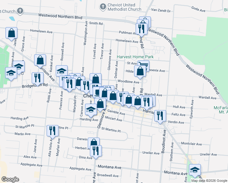 map of restaurants, bars, coffee shops, grocery stores, and more near 3832 Glenmore Avenue in Cincinnati