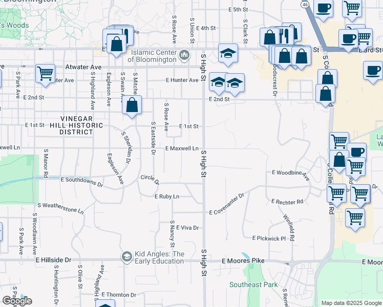 map of restaurants, bars, coffee shops, grocery stores, and more near 1902 East Maxwell Lane in Bloomington