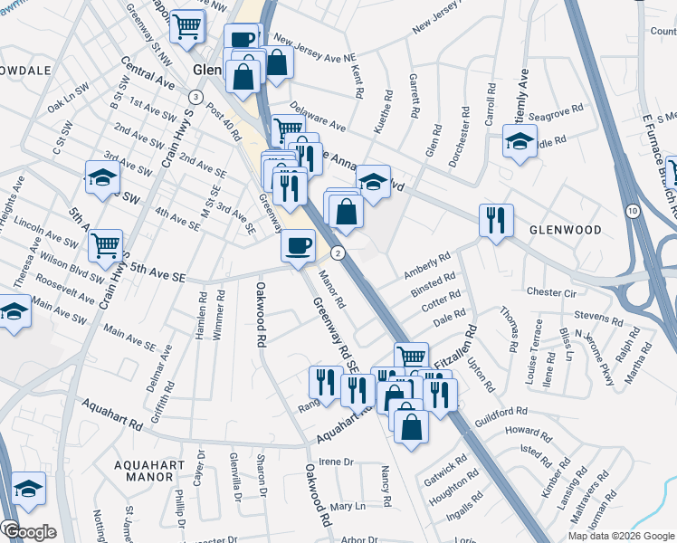 map of restaurants, bars, coffee shops, grocery stores, and more near 505 Westway Road in Glen Burnie