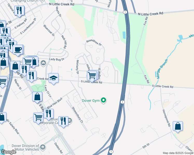 map of restaurants, bars, coffee shops, grocery stores, and more near 479 Barrister Place in Dover