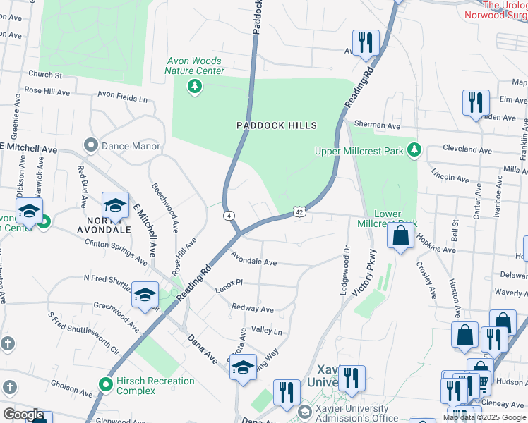 map of restaurants, bars, coffee shops, grocery stores, and more near 4043 Reading Road in Cincinnati