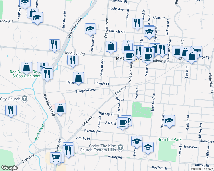 map of restaurants, bars, coffee shops, grocery stores, and more near 5619 Orlando Place in Cincinnati