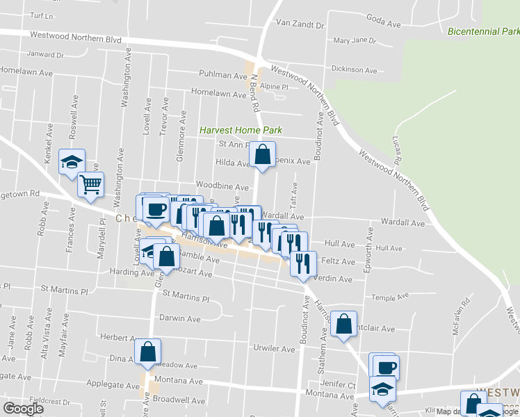 map of restaurants, bars, coffee shops, grocery stores, and more near 3858 North Bend Road in Cincinnati