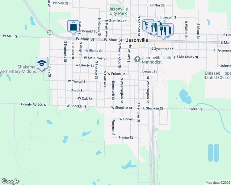 map of restaurants, bars, coffee shops, grocery stores, and more near 613 Roosevelt Street in Jasonville