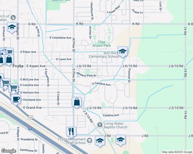 map of restaurants, bars, coffee shops, grocery stores, and more near 1246 Windsor Park Drive in Fruita