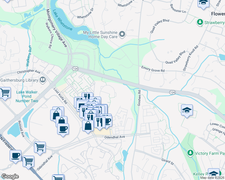 map of restaurants, bars, coffee shops, grocery stores, and more near 9419 Horizon Run Road in Montgomery Village