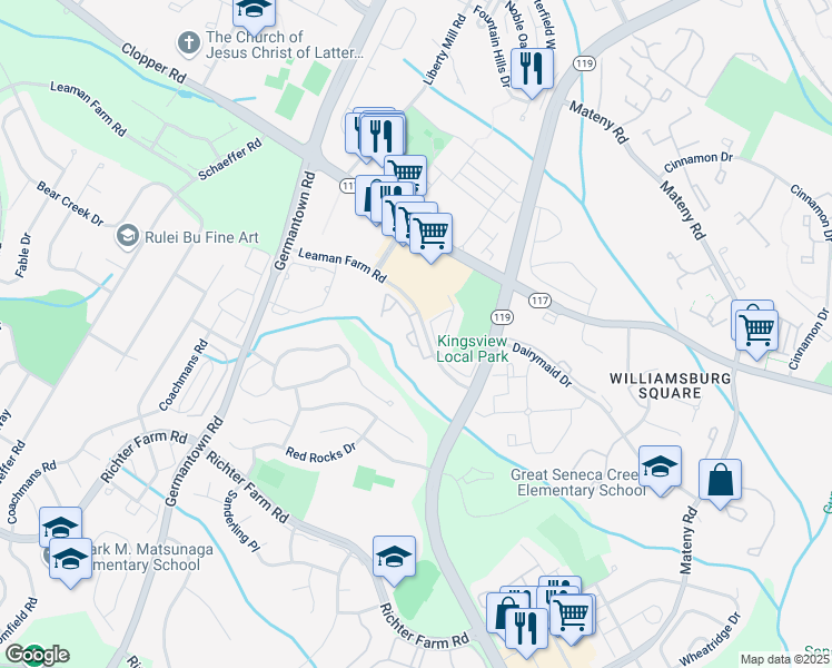 map of restaurants, bars, coffee shops, grocery stores, and more near 13409 Daventry Way in Germantown