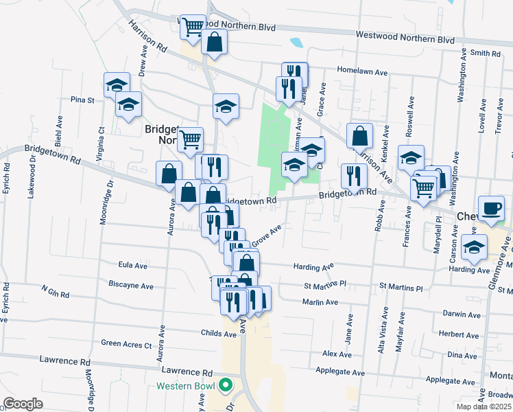 map of restaurants, bars, coffee shops, grocery stores, and more near 4471 Bridgetown Road in Cincinnati