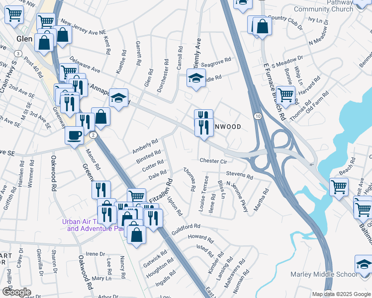 map of restaurants, bars, coffee shops, grocery stores, and more near 1007 Brockton Court in Glen Burnie