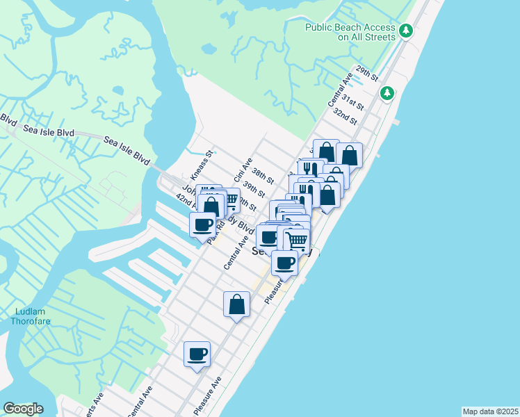 map of restaurants, bars, coffee shops, grocery stores, and more near 205 40th Street in Sea Isle City