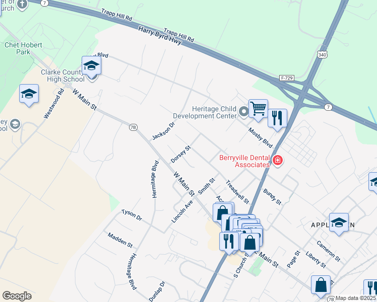 map of restaurants, bars, coffee shops, grocery stores, and more near 106 Dorsey Street in Berryville