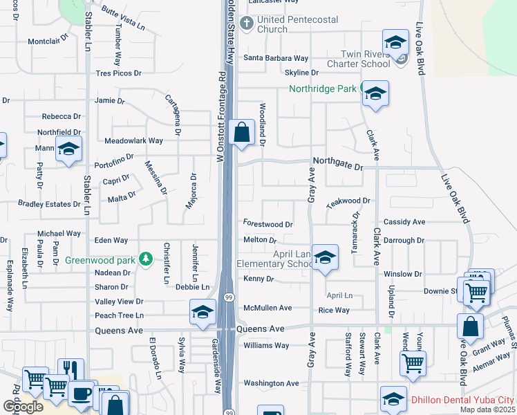 map of restaurants, bars, coffee shops, grocery stores, and more near 1680 Timberwood Drive in Yuba City