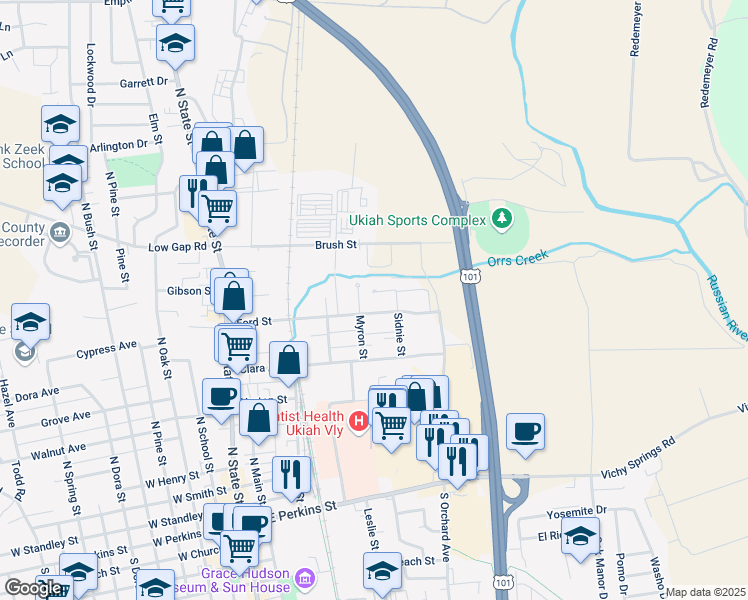 map of restaurants, bars, coffee shops, grocery stores, and more near 790 Sidnie Court in Ukiah