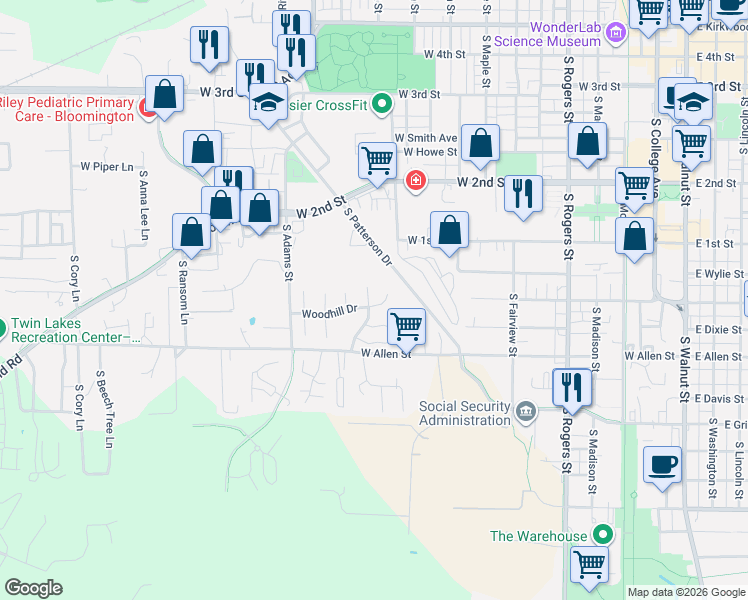 map of restaurants, bars, coffee shops, grocery stores, and more near 815 South Larkspur Lane in Bloomington