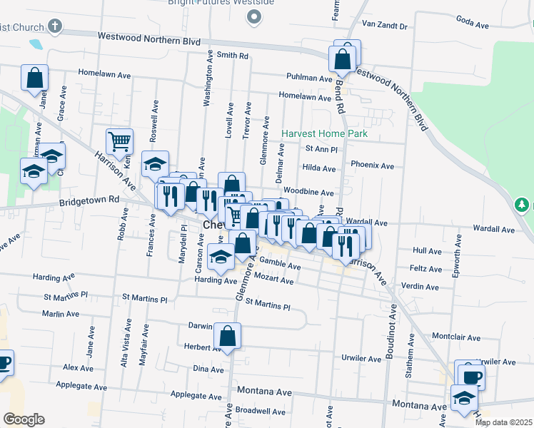 map of restaurants, bars, coffee shops, grocery stores, and more near 3832 Glenmore Avenue in Cincinnati