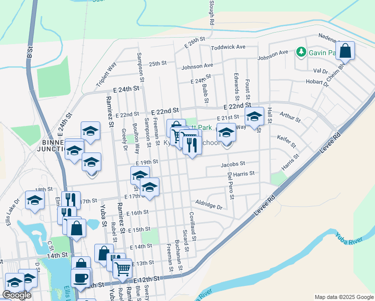map of restaurants, bars, coffee shops, grocery stores, and more near 1912 Covillaud Street in Marysville