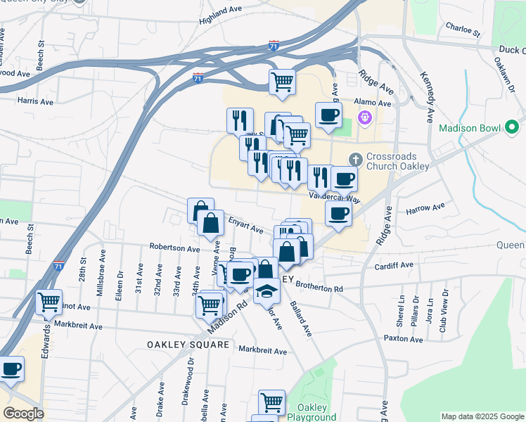 map of restaurants, bars, coffee shops, grocery stores, and more near 3210 Oakley Station Boulevard in Cincinnati