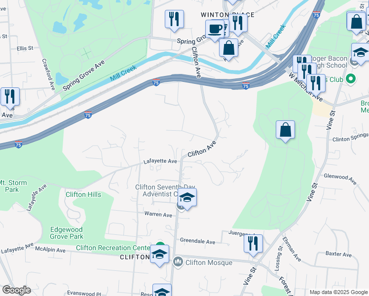 map of restaurants, bars, coffee shops, grocery stores, and more near 3901 Clifton Avenue in Cincinnati